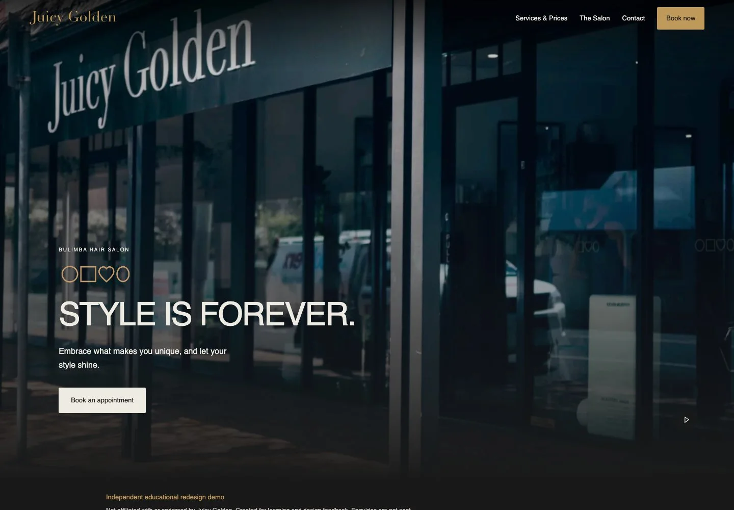 Juicy Golden redesign preview: cinematic salon frontage with gold branding and clear booking action