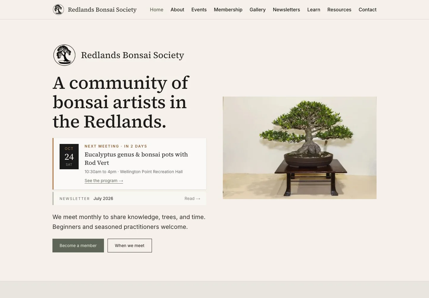 Redlands Bonsai Society website preview: warm neutral typography, community information and bonsai photography
